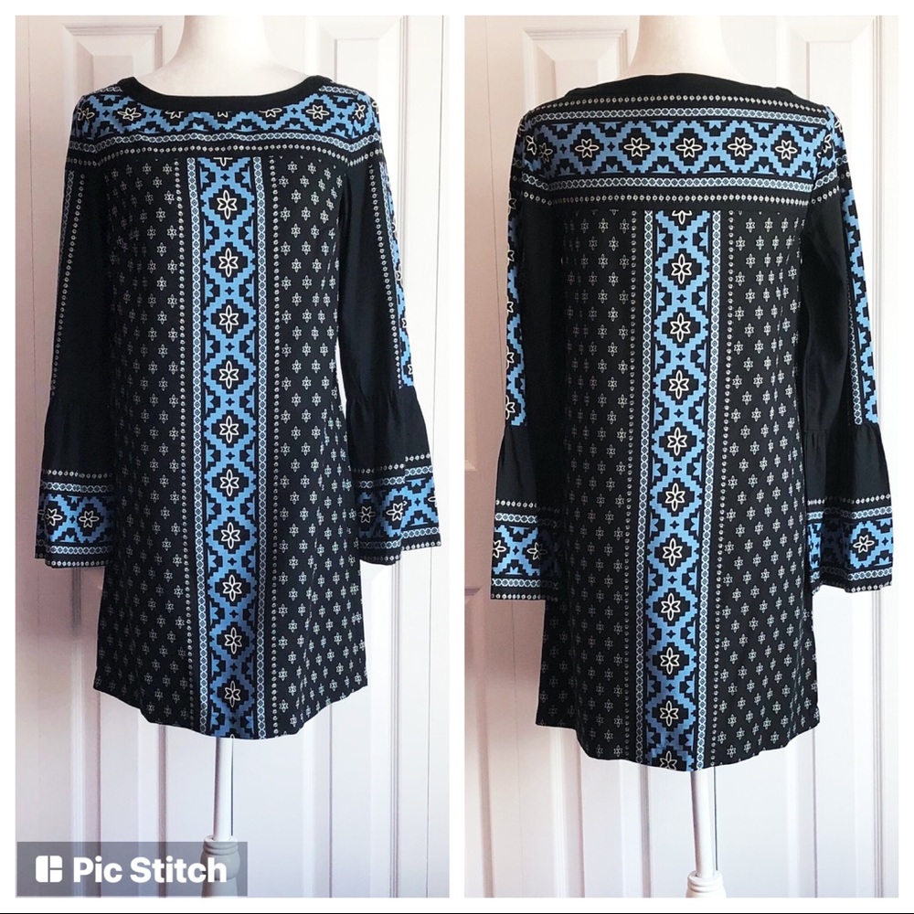 NWT Ann Taylor Loft Black & Blue Multi Boho Print Shift Mini Dress XS